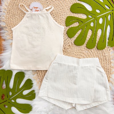 Conj. Regata Alcinha com Strass e Short Saia com Listras Prateadas - Off White